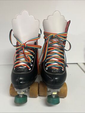 Kids Black Roller Skates with Rainbow Laces